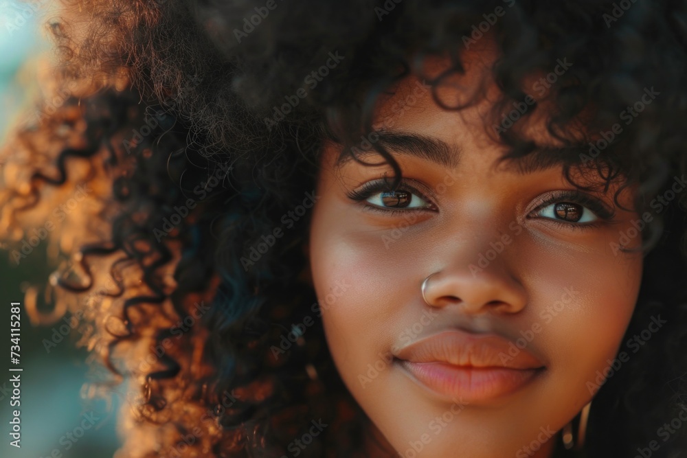 A close-up shot of a young woman with curly hair. This image can be used for beauty and fashion-related projects A close-up shot of a young woman with curly hair. This image can be used for beauty and fashion-related projects