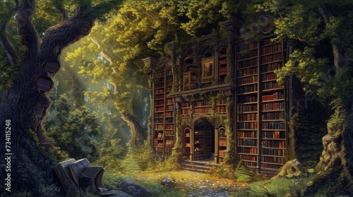 Twilight Library Enclave  An Arcane Trove of Books Amidst Ancient Trees.