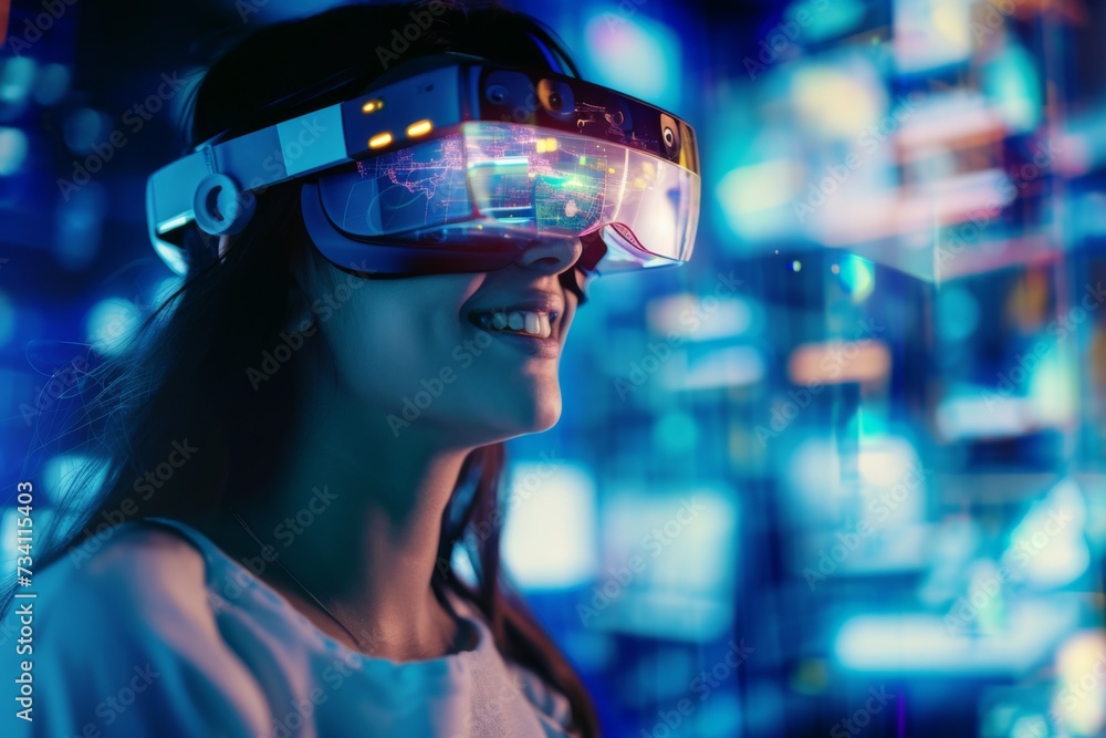 Woman Smiling in Virtual Reality with Futuristic Cityscape Projection. Woman Smiling in Virtual Reality with Futuristic Cityscape Projection.