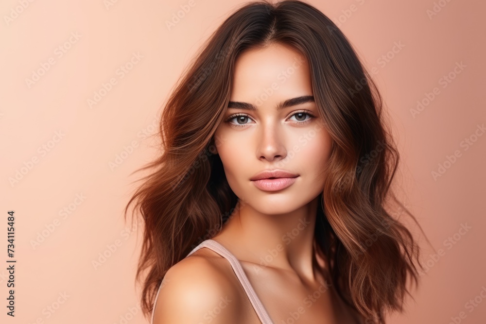 Radiant Young Woman with Luscious Hair and Peach Backdrop.