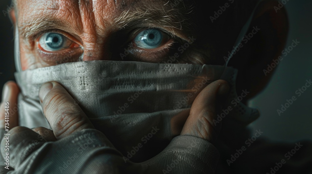 A close-up view of a person wearing a face mask. Suitable for health and safety concepts A close-up view of a person wearing a face mask. Suitable for health and safety concepts