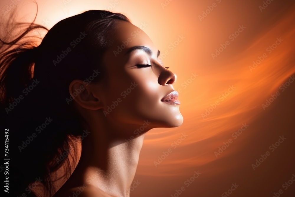 Graceful Woman with Flowing Hair in Sunset Glow. Graceful Woman with Flowing Hair in Sunset Glow.