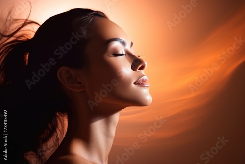 Graceful Woman with Flowing Hair in Sunset Glow.