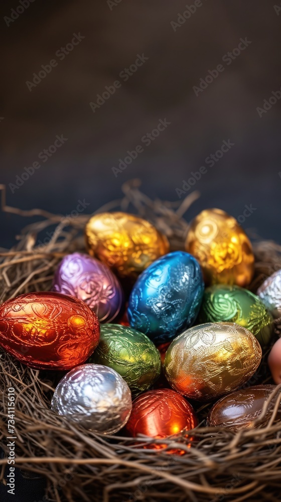 Assorted Chocolate Easter Eggs in Foil in a Nest Against Dark Background. Assorted Chocolate Easter Eggs in Foil in a Nest Against Dark Background.