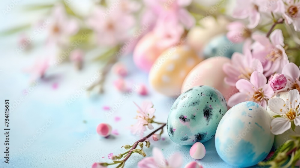 Vibrant Easter Eggs with Spring Flowers on a Dreamy Blue Backdrop.