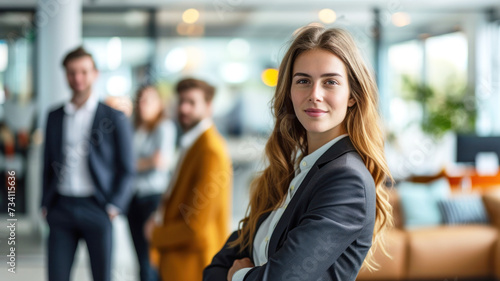 Proud professional business executive woman wearing suit and long hair with arms crossed on blurred office background. Ai generated