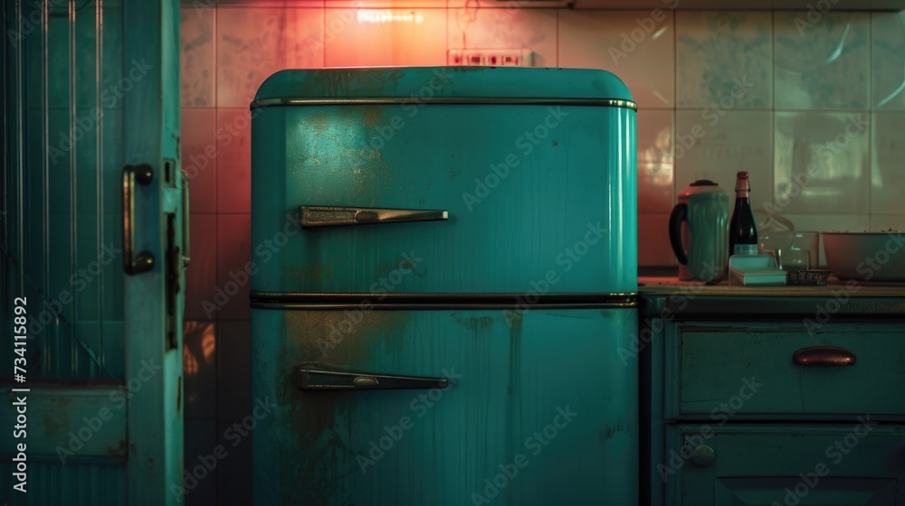 A blue refrigerator sitting in a kitchen next to a counter. Perfect for home decor or appliance advertisements A blue refrigerator sitting in a kitchen next to a counter. Perfect for home decor or appliance advertisements