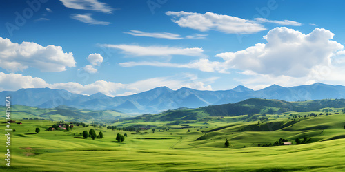 Beautiful landscape with green meadows and mountains under blue sky.