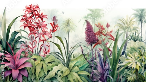 Flower background. Watercolor tropical jungle foliage and flowers illustration. Wall art wallpaper. 