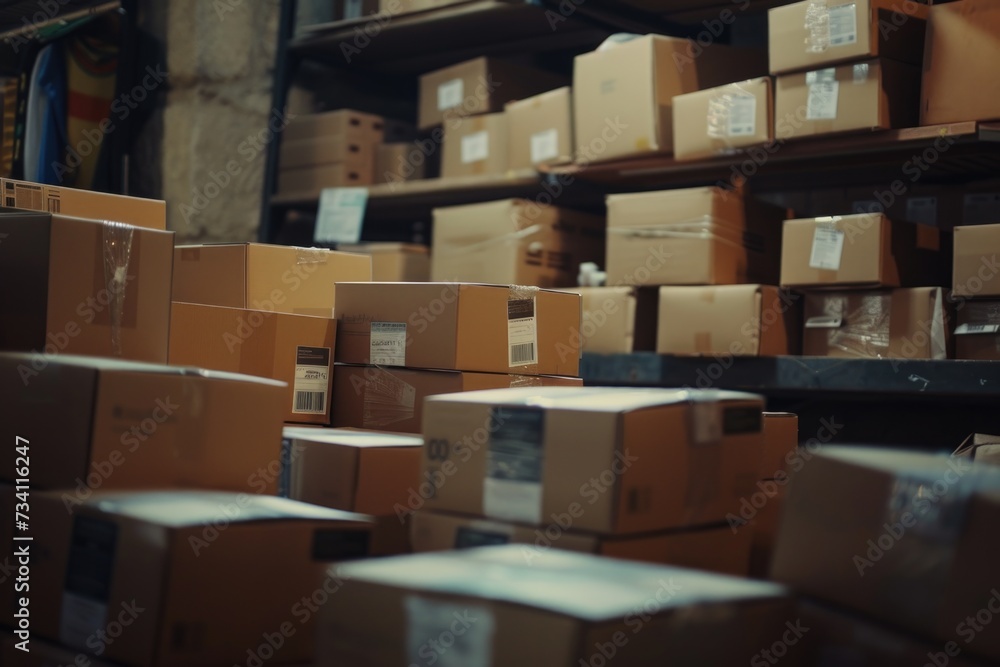 A room filled with numerous boxes and shelves. Ideal for illustrating organization, storage solutions, moving, or inventory management concepts A room filled with numerous boxes and shelves. Ideal for illustrating organization, storage solutions, moving, or inventory management concepts