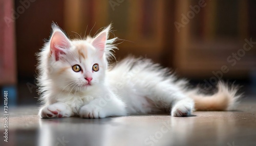 Cute white fluffy kitten lying on the floor at home. Young cat. Adorable pet. © hardvicore