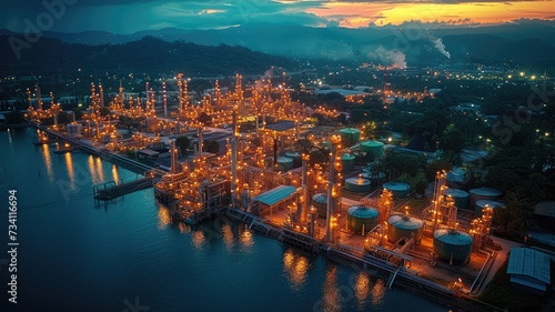 An aerial view of an industrial oil and gas tank storage complex bomb twilight time --ar 16:9 --stylize 750 --v 6 Job ID: 7ef23fb1-6601-4e9a-848b-f901df5ca7ca © bannafarsai