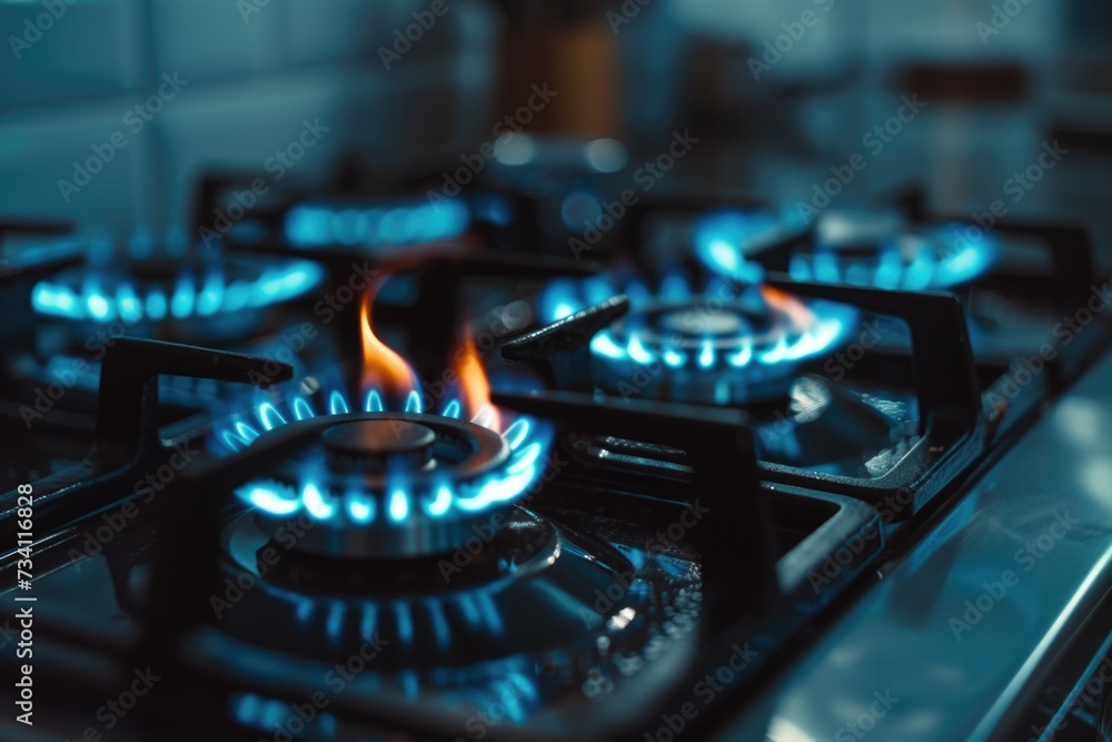 A detailed view of a gas stove with blue flames. This image can be used to illustrate cooking, home appliances, or energy efficiency A detailed view of a gas stove with blue flames. This image can be used to illustrate cooking, home appliances, or energy efficiency