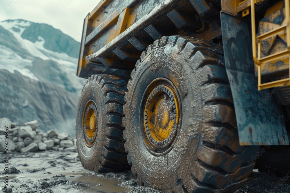 A large truck parked on a mountain side. Suitable for transportation, logistics, and adventure-themed designs
