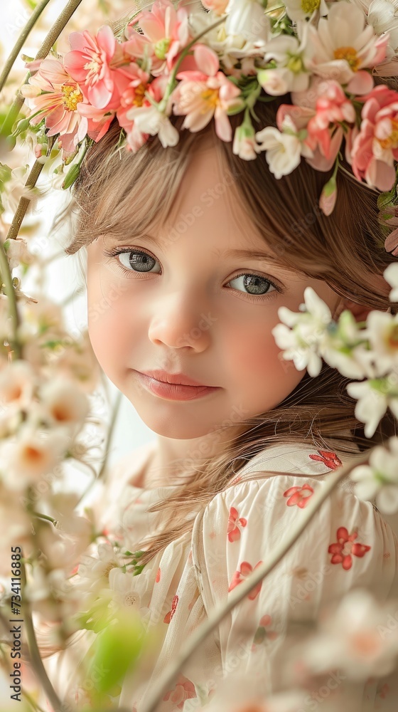 A close-up of a young girl with a floral crown, capturing a dreamy gaze, detailed with soft, natural light and delicate blossoms framing her face. A close-up of a young girl with a floral crown, capturing a dreamy gaze, detailed with soft, natural light and delicate blossoms framing her face.