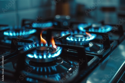 A detailed view of a gas stove with blue flames. This image can be used to illustrate cooking, home appliances, or energy efficiency