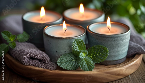 Lit scented candles in ceramic holders with a plush towel and fresh mint leaves  creating a tranquil and aromatic spa ambiance.