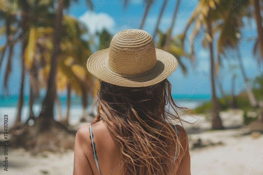 A woman wearing a hat on the beach. Ideal for travel brochures or summer-themed designs