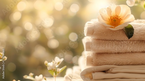 Soothing spa atmosphere with a stack of soft towels and a flower. perfect for relaxation and wellness settings. serene and inviting. AI