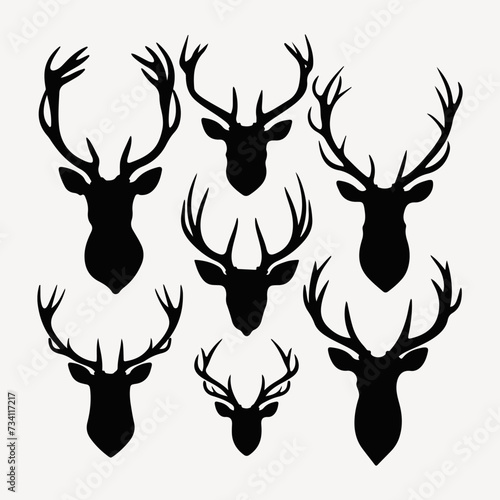 Deer head black silhouette Different types of deer's heads with antlers vector illustration