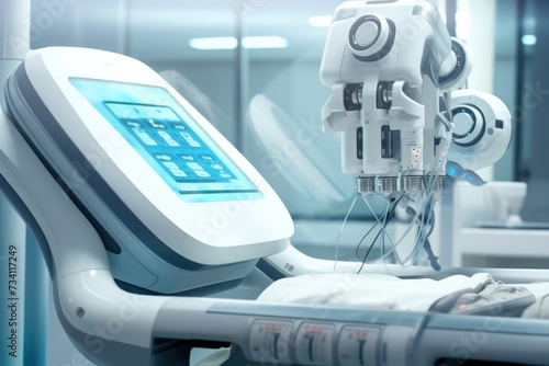 close-up view of a medical robotic electronical assist device working in a futuristic hospital