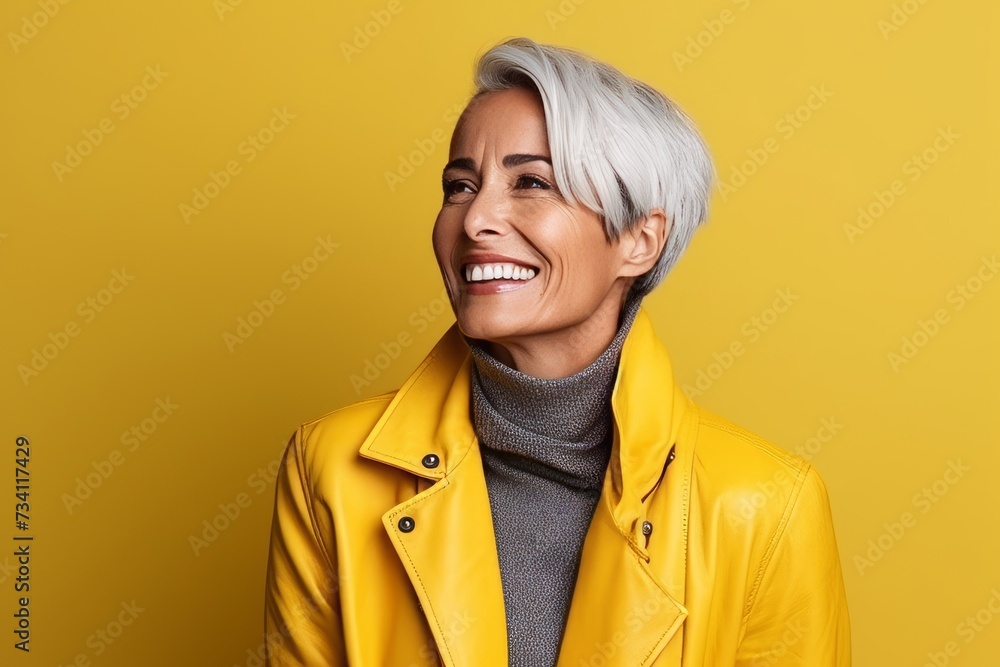 Portrait of a smiling mature woman in yellow jacket over yellow background Portrait of a smiling mature woman in yellow jacket over yellow background