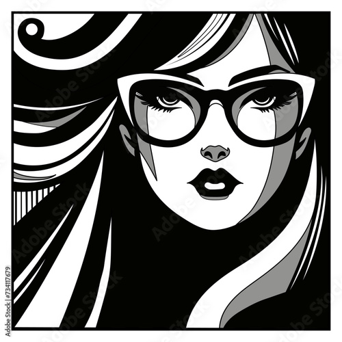 Vector illustration of a stylized woman's face with glasses on white separate background