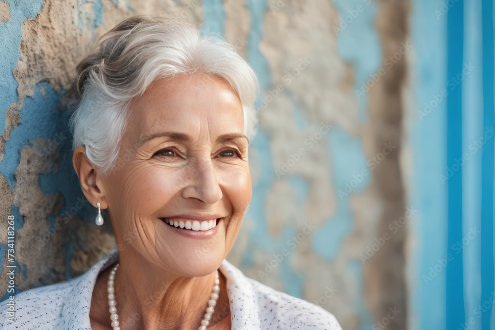 Portrait of beautiful older woman smiling and standing by blue wall. A place for text, a banner for advertising. Portrait of beautiful older woman smiling and standing by blue wall. A place for text, a banner for advertising.