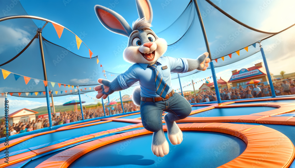 Happy bunny on a trampoline in an amusement park