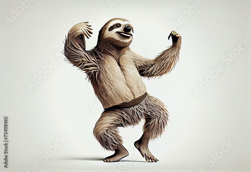 Detailed illustration of a funny friendly joyful sloth dancing happily isolated on a white background, generative ai photo