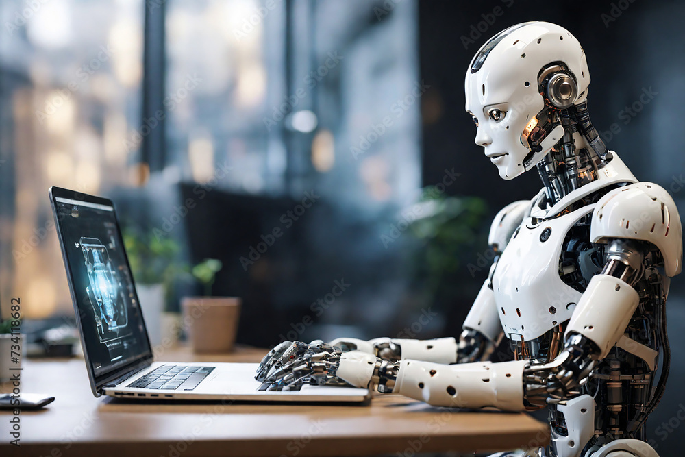 Modern robot working on laptop at workplace in office, artificial intelligence concept Modern robot working on laptop at workplace in office, artificial intelligence concept
