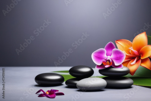 Spa gray background with massage stones, exotic flowers and copy space.