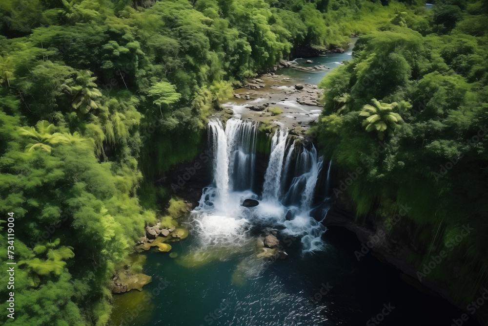 Waterfall in a Tropical Forest, View From Above From Drone