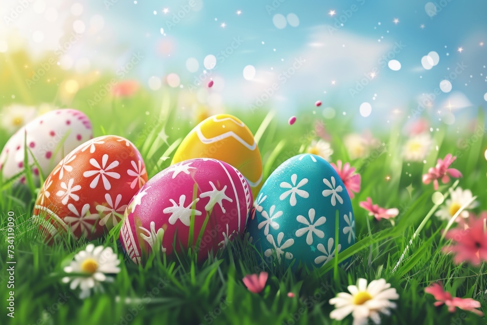 Colorful Easter eggs sitting on top of a lush green field. Perfect for Easter-themed designs and celebrations