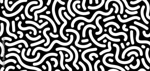 Vector seamless pattern with squiggle bold lines. Black and white abstract doodle background.