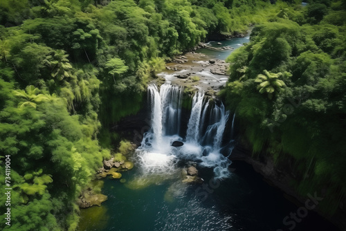 Waterfall in a Tropical Forest  View From Above From Drone