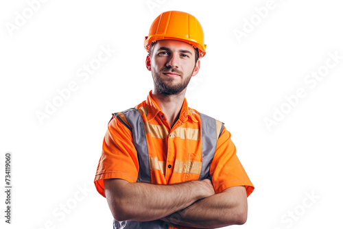 Smart young engineer building or constructor worker with safety uniform, vest and safety hat isolated on transparent background, planning project. photo