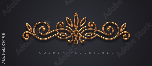 Realistic gold metal flourishes ornament. Luxury design element for invitation, menu, book cover. Vector illustration.