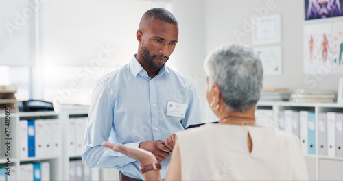 Black man  healthcare and tablet with patient for consultation  checkup or results at clinic. Medical professional  technology and office for schedule  diagnosis or heart disease of elderly woman