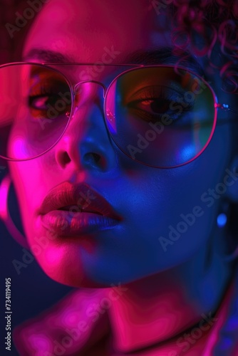 A woman wearing glasses stands against a vibrant neon background. This image can be used to convey a modern and trendy vibe