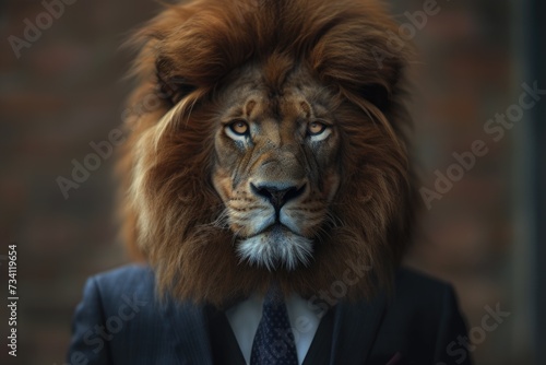 A man wearing a lion head suit. Suitable for costume parties or theatrical performances