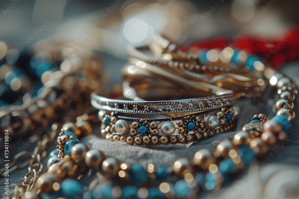 A close-up shot of a collection of bracelets placed on a table. This image can be used for fashion or accessories-related projects A close-up shot of a collection of bracelets placed on a table. This image can be used for fashion or accessories-related projects
