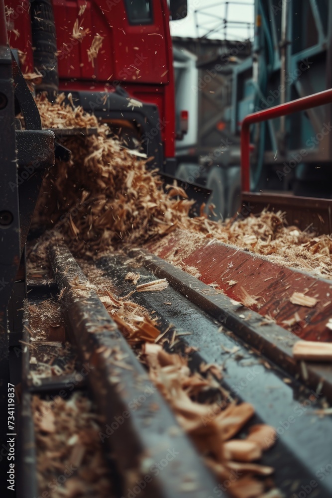 A red truck is seen driving down a street next to a pile of wood. This image can be used to depict transportation or construction themes A red truck is seen driving down a street next to a pile of wood. This image can be used to depict transportation or construction themes
