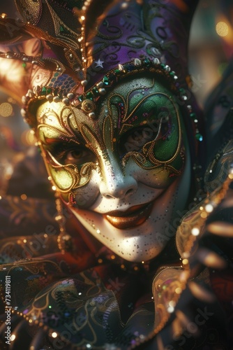 A detailed close-up of a person wearing a carnival mask. Perfect for adding intrigue and mystery to any project