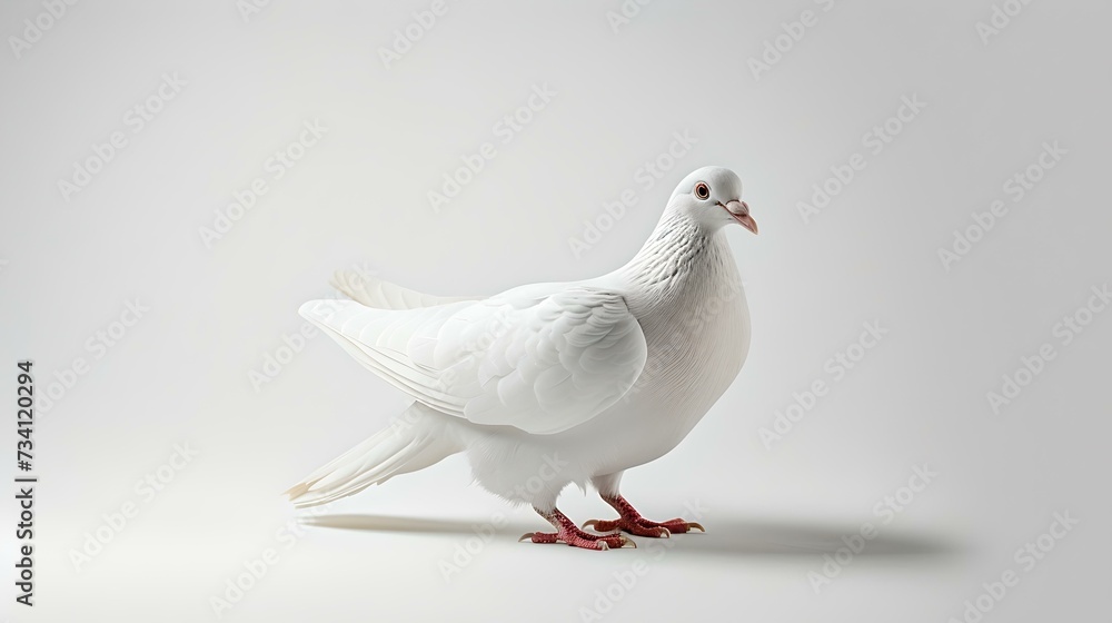 Obraz premium Elegant white pigeon in a studio setting. graceful bird portrait. perfect for peace concepts and minimalist art. high-quality stock photo. AI