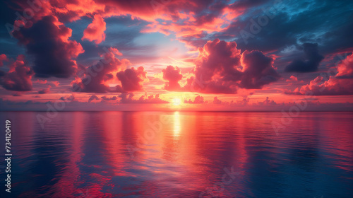 Sunset over the sea  vibrant clouds at sunset hover over a serene sea  with colors ranging from deep blue to fiery red and orange