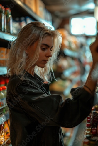 A woman is seen in a store looking at a bottle. This image can be used to depict shopping  consumerism  or product selection