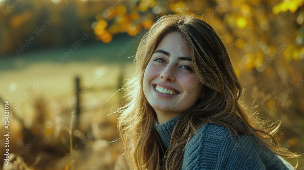 A woman is smiling in a field of tall grass. This picture can be used to represent happiness, joy, nature, and outdoor activities A woman is smiling in a field of tall grass. This picture can be used to represent happiness, joy, nature, and outdoor activities