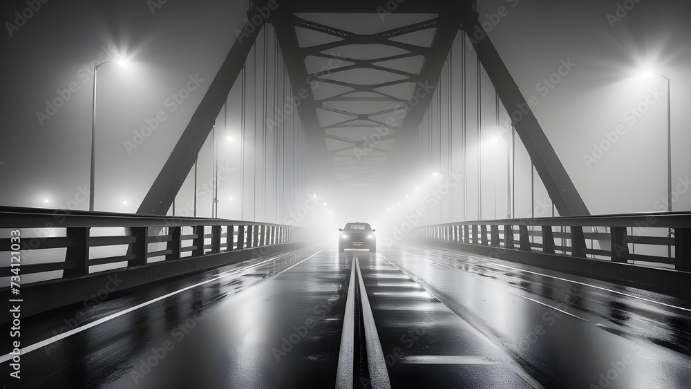 An eerie image of a car passing over a foggy bridge with only its headlights on. Generative AI. An eerie image of a car passing over a foggy bridge with only its headlights on. Generative AI.