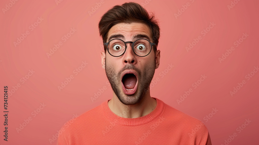 European Man Displaying Surprise and Amazement, Isolated on Solid Background - Copy Space Available European Man Displaying Surprise and Amazement, Isolated on Solid Background - Copy Space Available